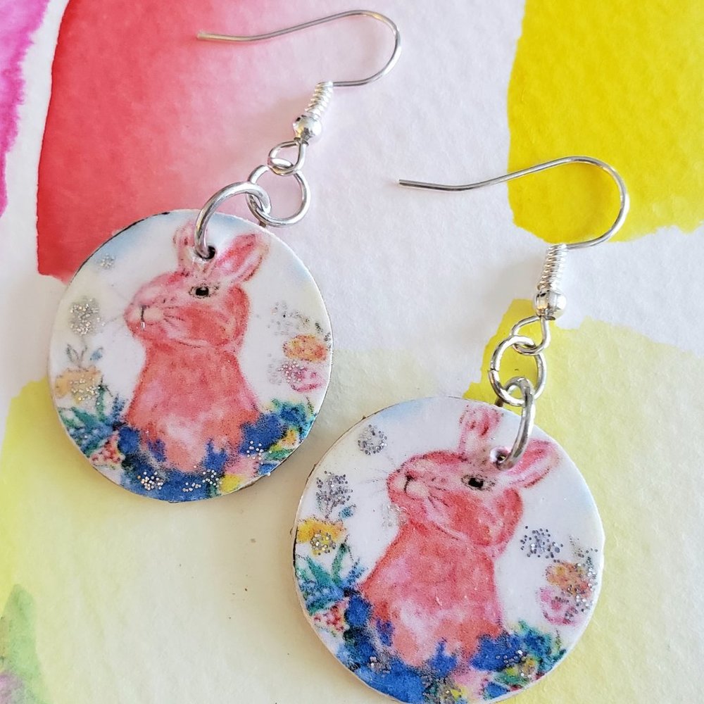 Easter Pink Bunny Artist Designed  Dangle Earrings